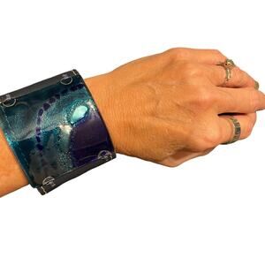 Unique Vivid Blue Art Glass Leather Buckle Bracelet